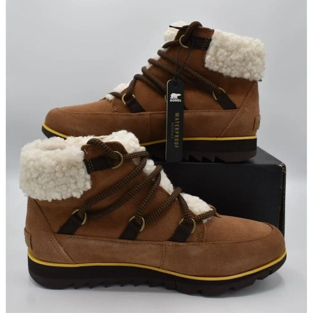 Sorel Womens Size 7 Harlow Lace Cozy Velvet Tan Blackened Brown Waterproof Boots